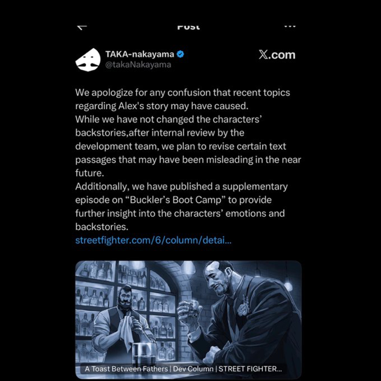 Pirat_Nation's tweet image. Capcom quietly patched Street Fighter 6 World Tour this month and tweaked Alex’s dialogue about his wife Patricia (the mother of his child).

Original line: her father “is a cousin of my mom” making her his adoptive sister and second cousin.

New line: “a distant relative of my