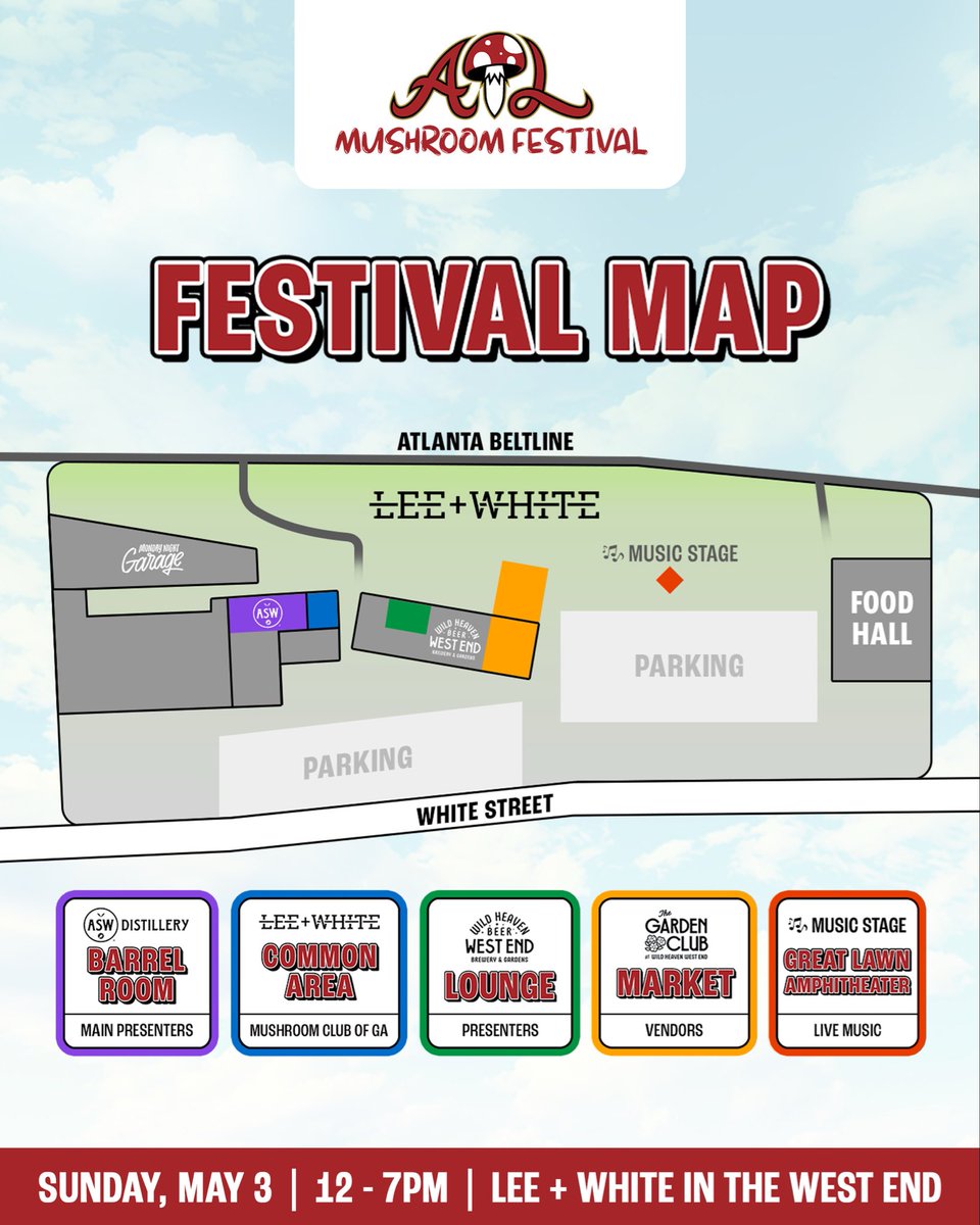 📍 Main Presenters in @aswdistillery Barrel Room
🍄‍🟫 Visit <a href="/gamushroomclub/">MushroomClubOfGeorgia</a> in the Common Area
📌 Workshops, demo’s &amp; talks in <a href="/BeerWildHeaven/">Wild Heaven Beer (Avondale, West End, Toco Hills)</a> Lounge
🎨 All-day Artist Market at The Garden Club
🎶 Live music all day at the Great Lawn Amphitheater

🔗 atlantamushroomfestival.com/pages/schedule