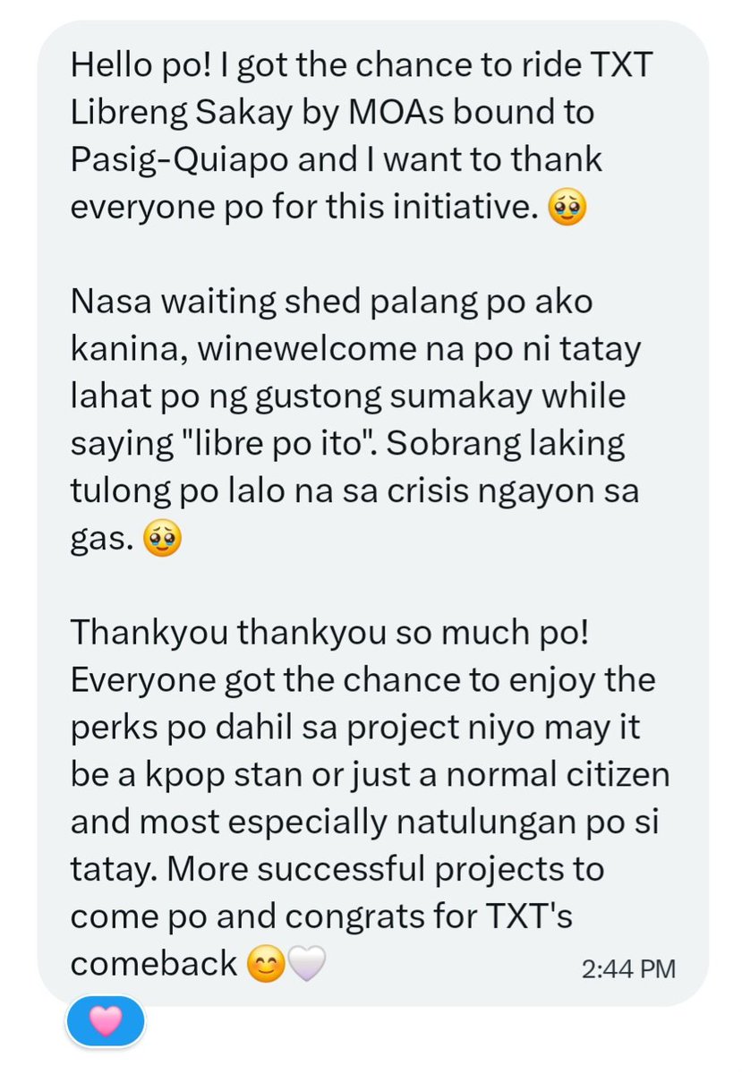 304weekendclub's tweet photo. Very touching message from one commuter who was able to ride the MOA Jeep today! 😭

Thank you, MOA, for making this possible! Thank you for loving like TXT and sharing your warmth to those around us. May we never stop doing things for love. 🥺🩷

#AntiAnxietyClub #EaseTheRide https://t.co/Z1TY2H2Sa7