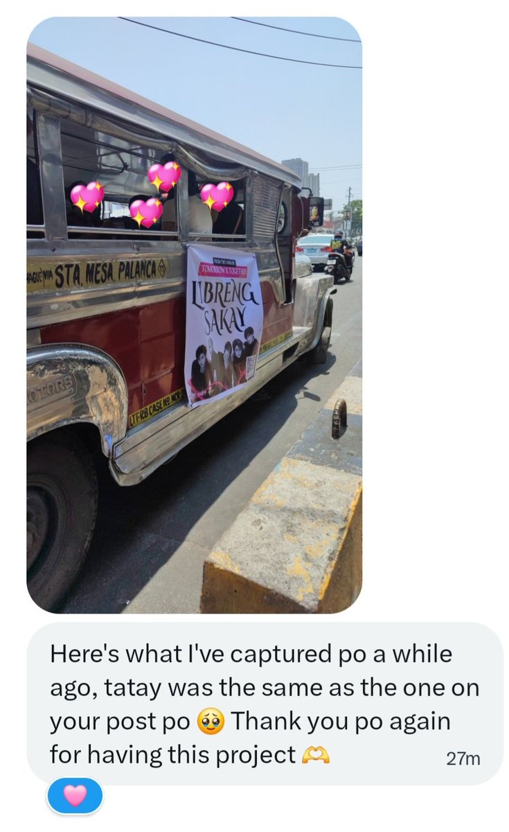 304weekendclub's tweet photo. Very touching message from one commuter who was able to ride the MOA Jeep today! 😭

Thank you, MOA, for making this possible! Thank you for loving like TXT and sharing your warmth to those around us. May we never stop doing things for love. 🥺🩷

#AntiAnxietyClub #EaseTheRide https://t.co/Z1TY2H2Sa7