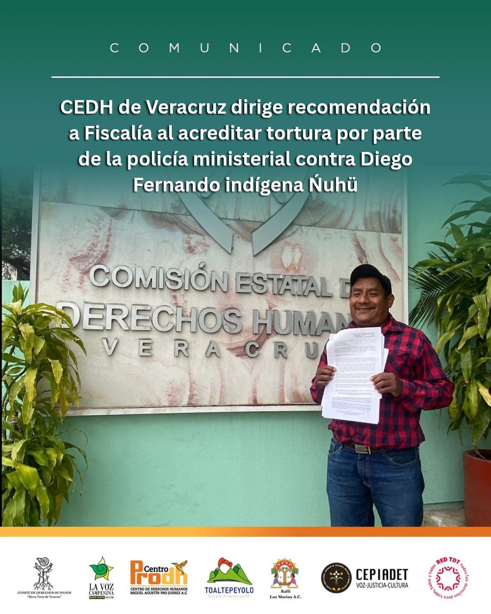 #COMUNICADO | La <a href="/CEDHVeracruz/">CEDH Veracruz</a> emite recomendación a la Fiscalía estatal al acreditar #tortura por parte de la policía ministerial contra Diego Fernando, indígena Ñuhü de la Sierra de Huayacocotla.

Aceptando esta determinación, la Fiscalía tiene la oportunidad de enviar un
