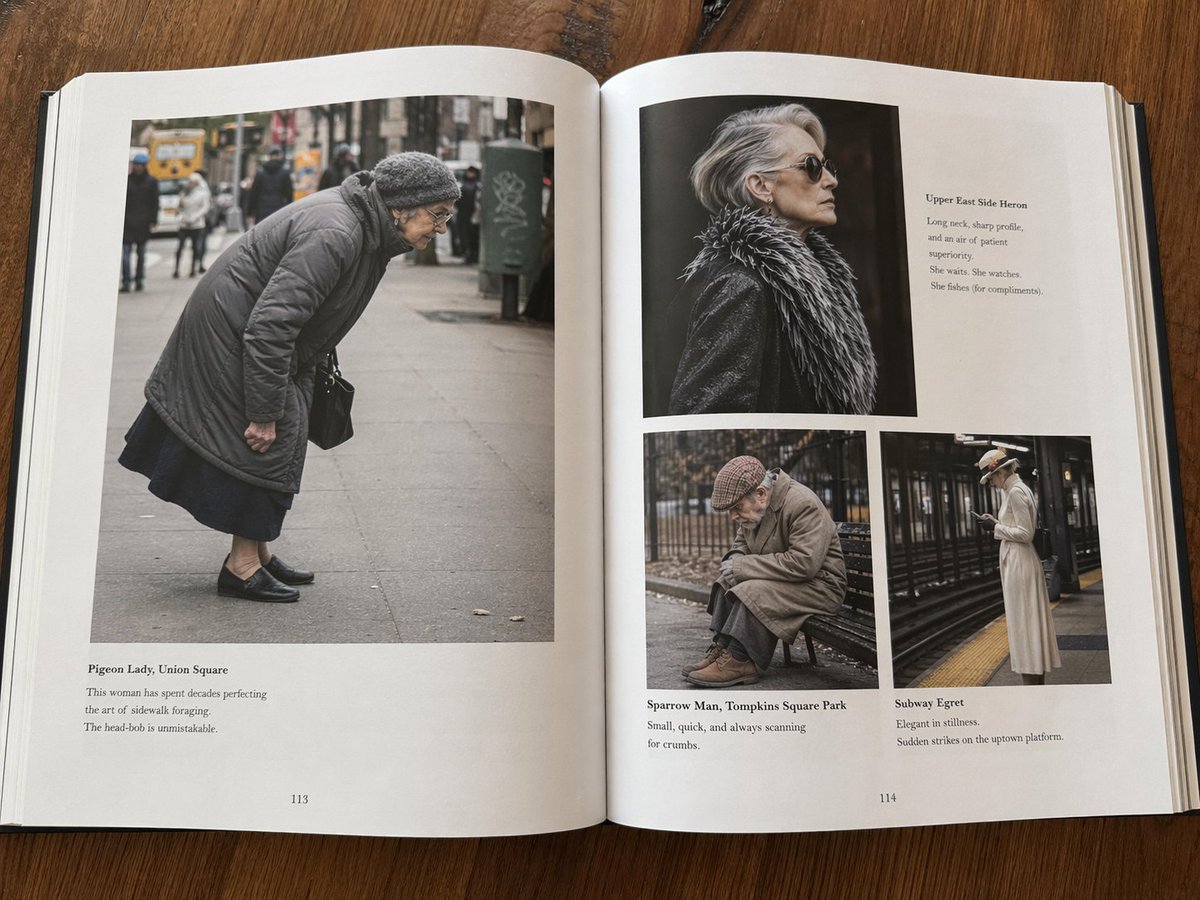 emollick's tweet image. Same prompts as before, but now in GPT image-generator 2, page excerpts from:

"Eldritch Horrors as Pets: A Guide"
"How Womblenauts Work"
"Photographs of the People of New York Who Look Like Birds" 
"Cakes shaped like fish shaped like cakes"

Lots of great little lines in there