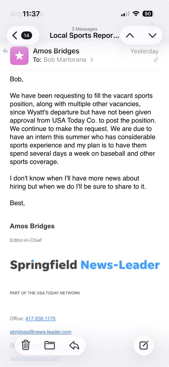 Chiefsgolfer's tweet photo. @Zarko563048 @springfieldNL @MoStateFootball Response from NL Amos Bridges as I basically said the same in my E Mail . https://t.co/xA7pyq05EN