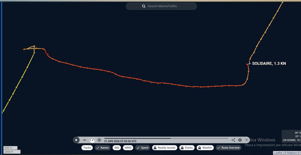 TrafficoNaviOnc's tweet image. 21.04.2026  tra le 07.55 e le 11.36 UTC #Solidaire ha messo i gommoni #mare1 #mare2 in mare che hanno raggiunto velocemente un bersaglio alle 10.45 UTC. a mio parere è il primo recupero in zona SRR Maltese 36.5 nm da Malta. questa nave fa i caxxo che vuole?