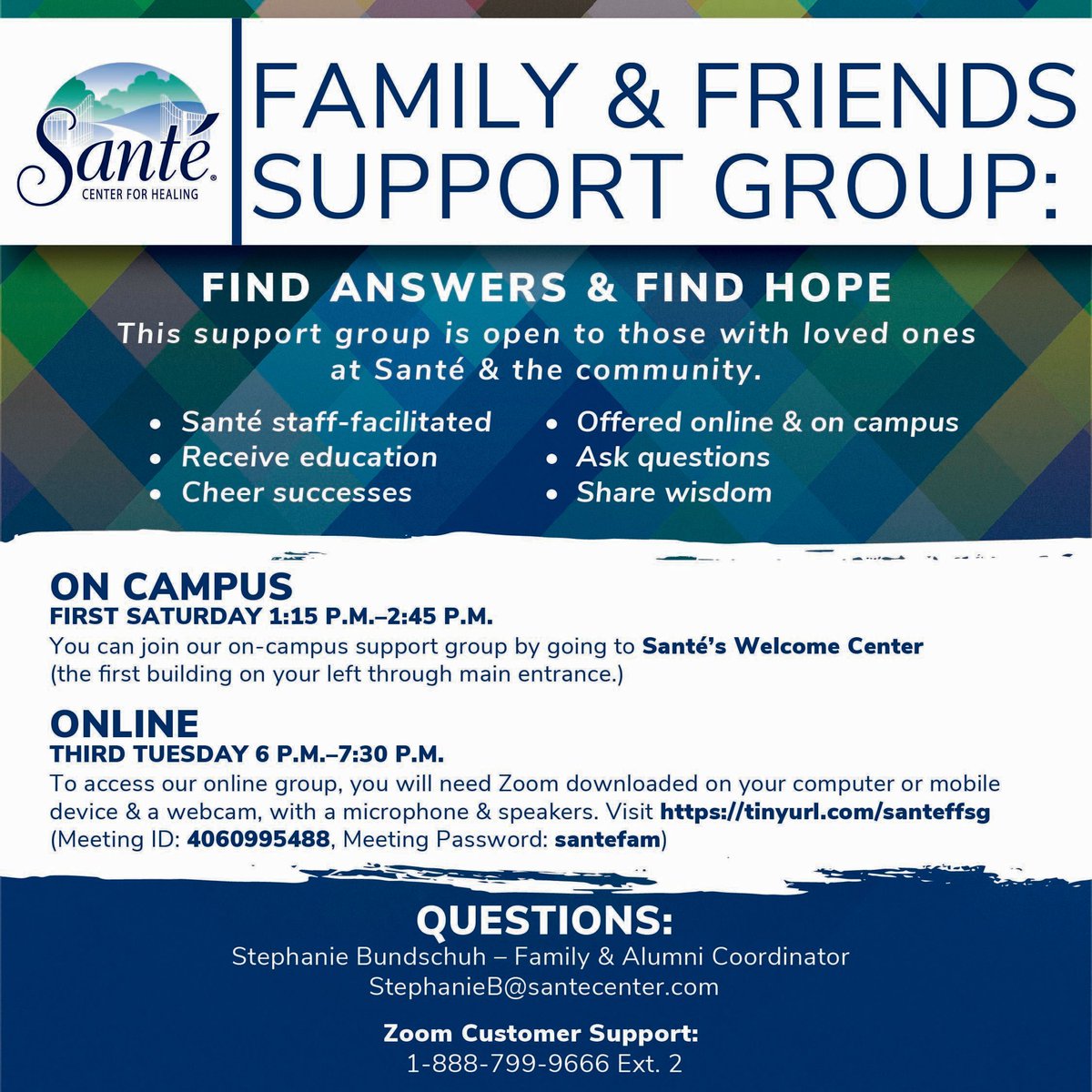 SanteCenter's tweet image. Join us ONLINE TONGHT (April 21, 6 PM) for Family &amp;amp; Friends Support Group. Ask your addiction questions, gain knowledge &amp;amp; receive support.  tinyurl.com/santeffsg ID: 4060995488; Password: santefam
#AddictionSupport #CommunityCare #ffsg #familysupport #supportgroup #santecenter