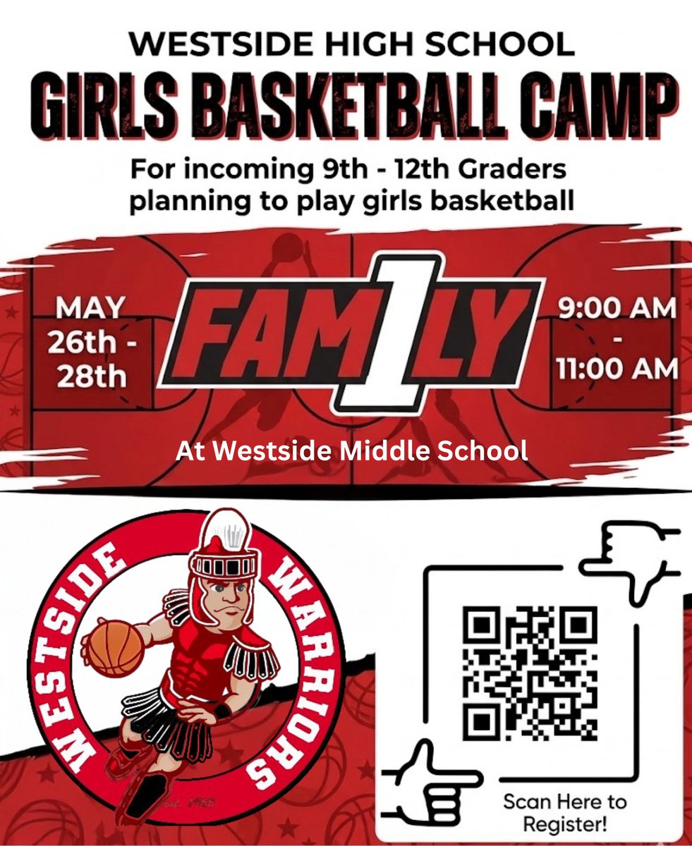 coachcahill4's tweet photo. Join us for our Westside Girls Basketball Summer Camp! Register using the QR code to work on your fundamentals, IQ, live play, and get a look at what Westside Girls Basketball is all about!  

Open to incoming 3rd through 12th graders! https://t.co/2jqwHO39bd