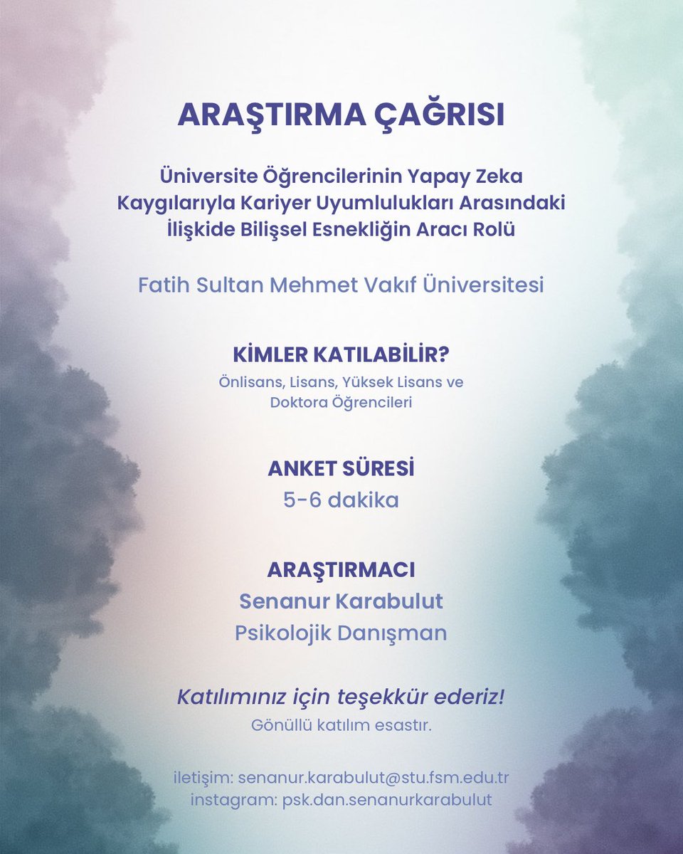 senanurkarablt's tweet photo. Merhaba arkadaşlar! 
Fatih Sultan Mehmet Vakıf Üniversitesi'nde Psikolojik Danışman olarak bir araştırma yürütüyorum. Üniversite öğrencilerinin yapay zeka kaygıları ve kariyer süreçleri üzerine hazırladığım bu çalışmada desteğinize ihtiyacım var. ✨
⏳ Süre: Sadece 5-6 dakika https://t.co/zTNXqVMmUX
