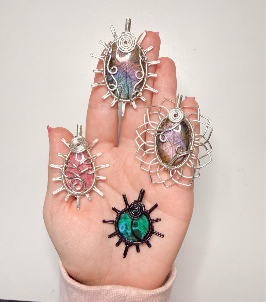 handful of sun &amp; sunflower pendants ☀️🌻

2 rare labradorite flashes, thulite Unalome &amp; malachite moon 💜

all available now~