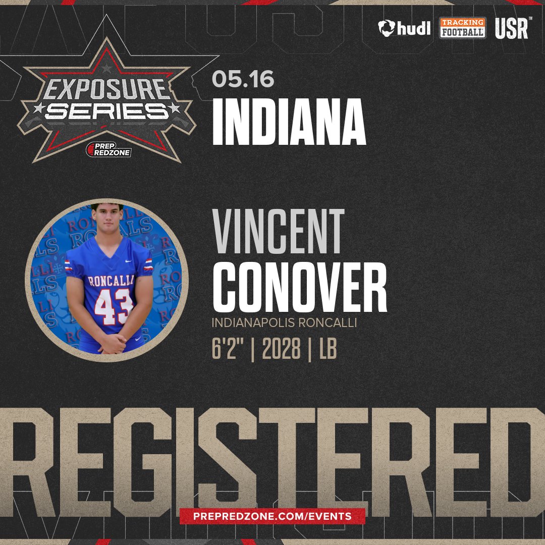 PrepRedzoneIN's tweet photo. Welcome Class of 2028 Vincent Conover (@V_ROC_2009) of Indianapolis Roncalli to the @PrepRedzoneIN Exposure Series Showcase on May 16th @ Aletto Family Sports Center. 

🔥🏈 #PRZExposureSeriesIN 🏈🔥

Register NOW! 👇  https://t.co/8GTM6ZIRMR https://t.co/2o6eaOC012