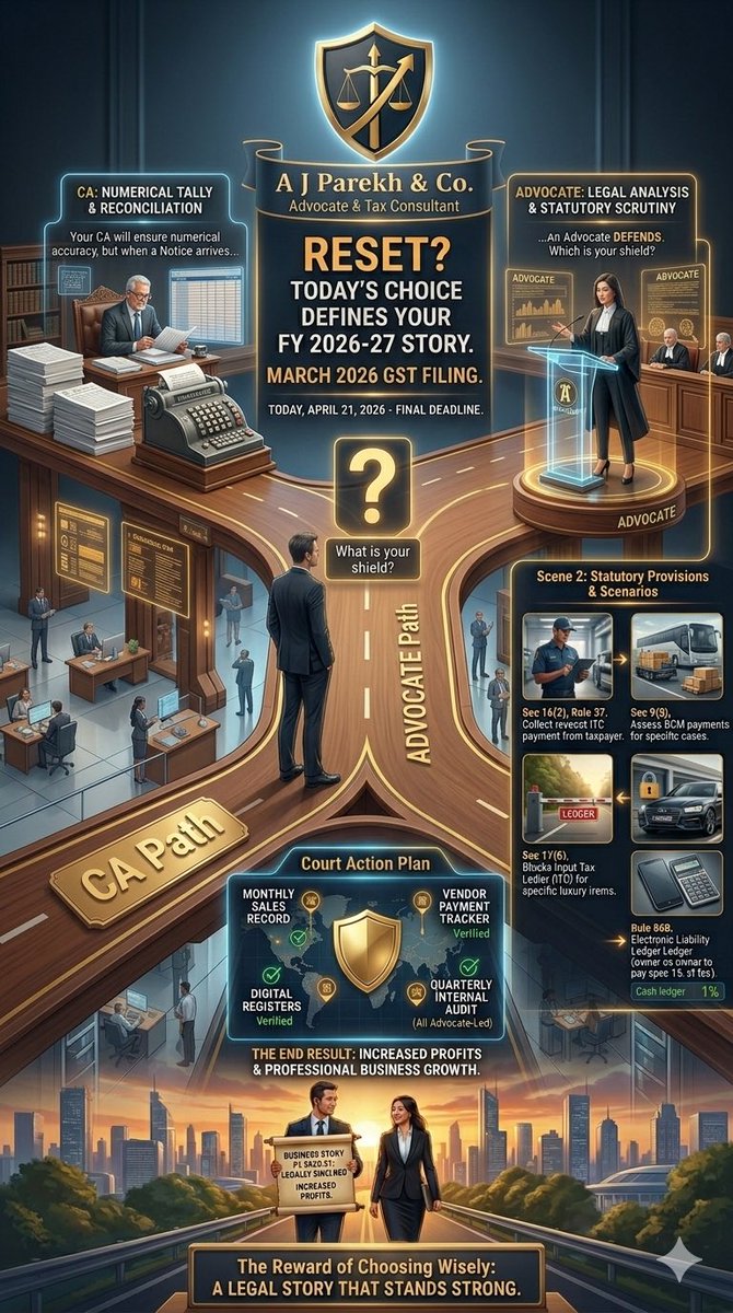 jay_parekh2690's tweet image. Treating GST filing as data entry is a mistake. 📉
FY 26-27 begins. Choose your path:
1️⃣ Basic tallies. Fine, until a notice arrives.
2️⃣ Legal scrutiny. Returns drafted as defenses to shield your ITC. 🛡️⚖️
Bulletproof your business today.
A J Parekh &amp;amp; Co.
#GST #TaxLaw