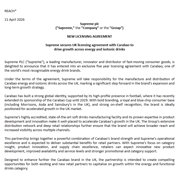 BitchesBrewCap's tweet photo. $SUP.L #SUP Supreme plc, solid 48 hours of updates:
1. FY'26 TU: Revenue +15% (YoY), adj. EBITDA in 40.6m (flat vs 2025), ahead of consensus. Net cash positive, vaping sales +10%
2. Exclusive 5-year licensing deal in UK with Carabao for energy drinks, leveraging soft drinks plant https://t.co/zQLQdhlXLr
