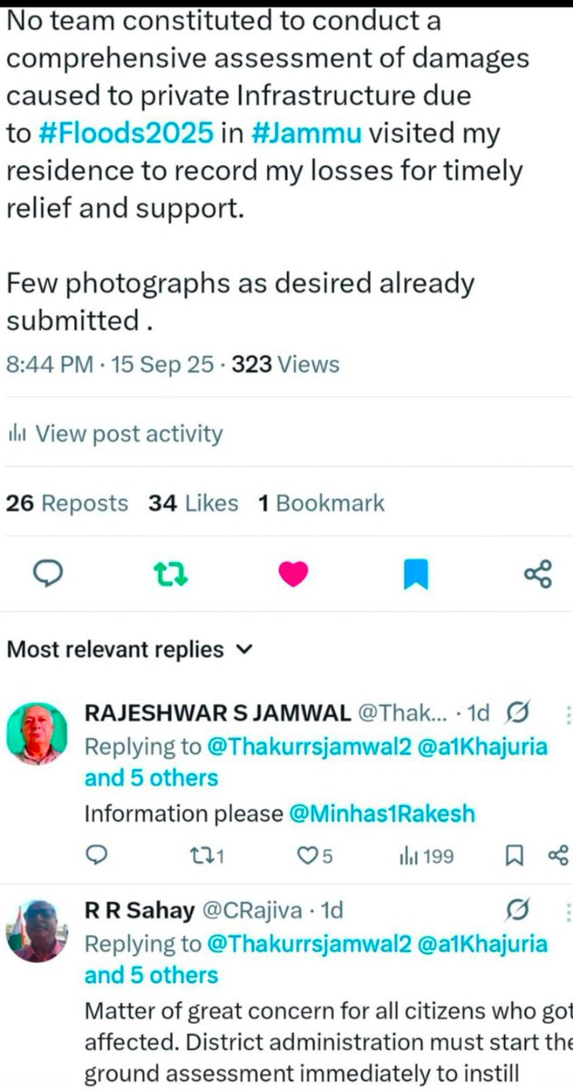 Thakurrsjamwal2's tweet image. Miles to Go T-54/199
Responsive HLG @manojsinha_ administration lacks humanitarian concern @PMOIndia 
No team visited my #flood - damaged house (266/10 Shakti Nagar) for loss assessment despite reminders 
@NDRFHQ  
@Rameshkumarias  @Minhas1Rakesh 

@yashoazad @ajaykraina @diprjk