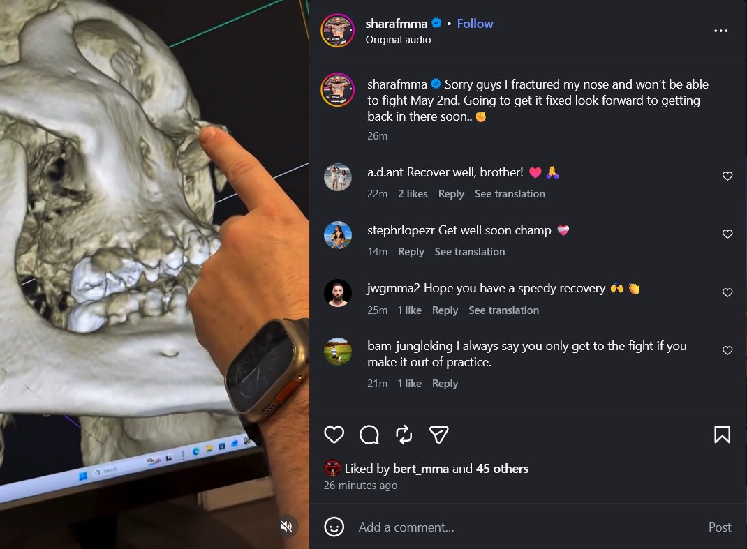 MMA__Matchmaker's tweet image. 🚨BREAKING NEWS🚨

🇺🇸Sean Sharaf (4-2) is OUT of his upcoming fight with 🇦🇺Tai Tuivasa (14-9) at #UFCPerth on May 2nd.

#UFC #MMA