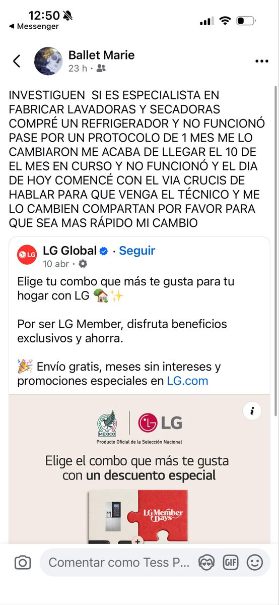 tesspf's tweet photo. Me pueden apoyar a reportar al mal servicio de @LGUS @LGMexico  compro un refri LG que salió con defecto de fábrica, y n su proceso se tardó poco más de un mes… le llevaron otro y nuevamente no funciona y LG dice que es el proceso…@Trafico_ZMG @Profeco 
https://t.co/Vl3jNc6Ke9 https://t.co/FtOAmoFGOG