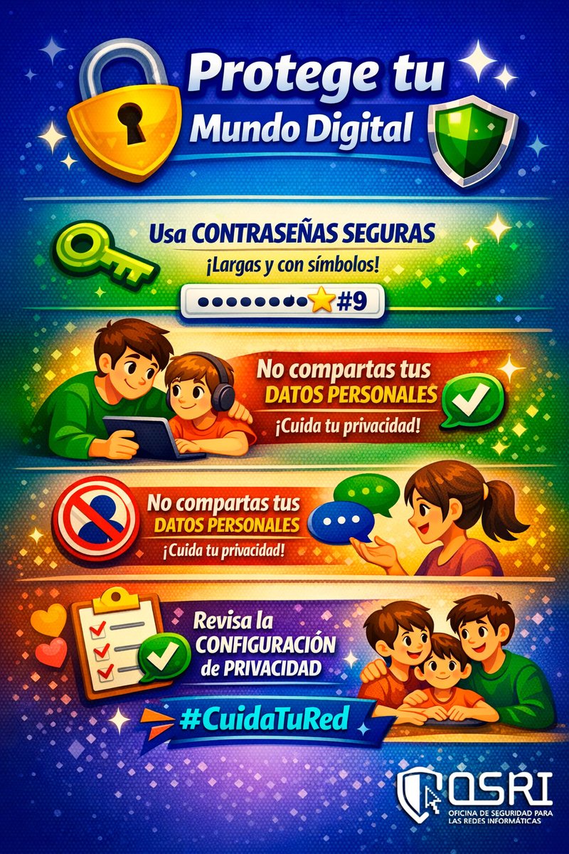 OSRICuba's tweet photo. #OSRICuba En el mundo digital,cada clic cuenta. Enseñemos a niñas,niños y adolescentes a cuidar su información y proteger sus cuentas.
🔐 Contraseñas seguras,privacidad activa y responsabilidad en línea son los primeros pasos hacia una navegación segura.
#CiberseguridadParaTodos https://t.co/fASKejGCIv
