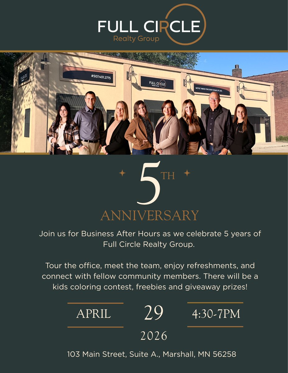 ✨Join us one week from today for Business After Hours hosted by Full Circle Realty Group as they celebrate 5 years of business!

Tour their office meet their team, enjoy refreshments, and connect with fellow community members! There will be a kids coloring contest, freebies, and