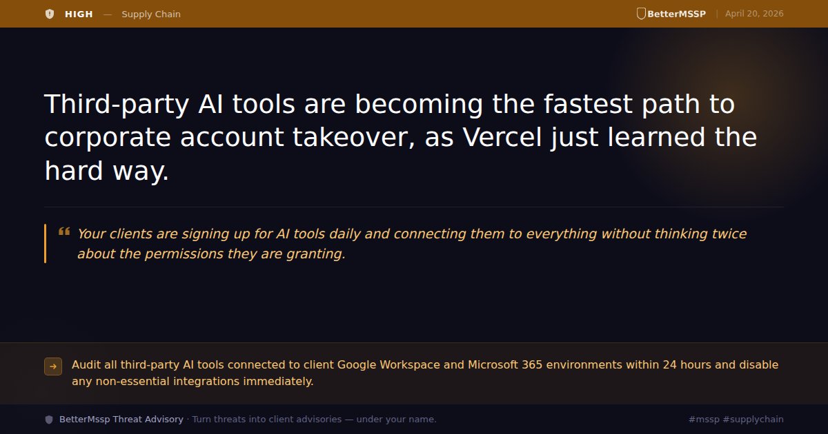 bettermssp's tweet image. Your clients are connecting #AI tools to #Google Workspace without thinking about permissions. #Vercel just got breached through one. Audit those integrations today or own the fallout. #mssp #supplychain