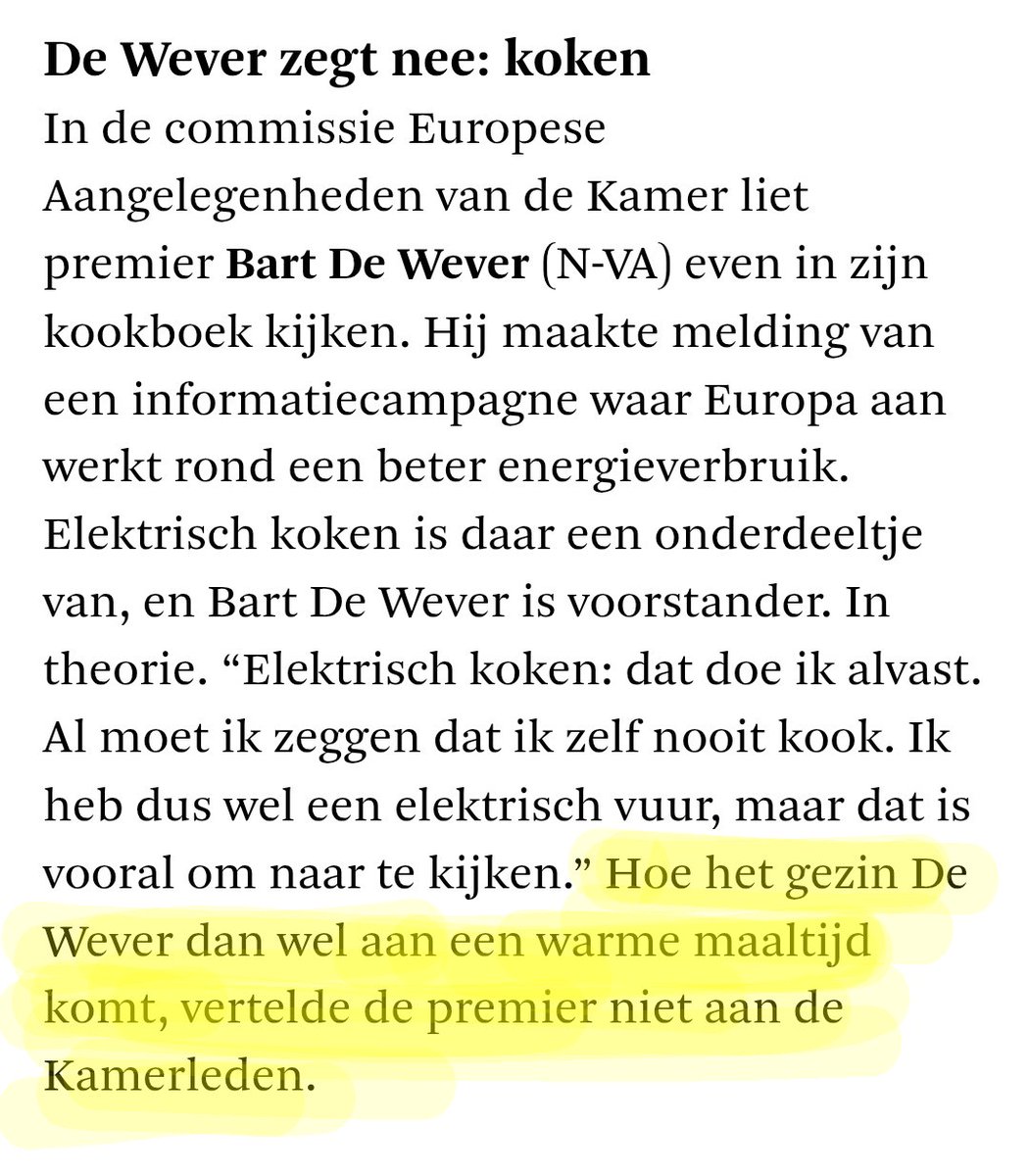 - frietpot / airfryer
- microgolfoven 
- serveerwonder (tupperware)
- maaltijden aan huis (Zorgbedrijf Antwerpen)
- ...
- koude schotel
- gewoon lekkere boterhammen met choco (warm eten is overrated)
- corn flakes / choco pops 
-> mogelijkheden zat 
<a href="/Bart_DeWever/">Bart De Wever</a>
<a href="/dsopinie/">De Standaard Opinie</a>
