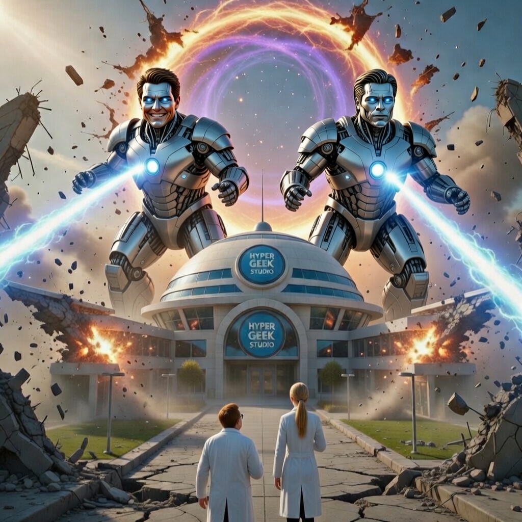 hypergeekstudio's tweet photo. @leohuynh139 @xai @grok @imagine @elonmusk @conanbycrom The possibilities are endless. We're working on a new short with a little more action in it. Seedance invades  Hyper Geek Studios and attacks with MechaCruise and Mechapitt. https://t.co/u8jAc6kngy