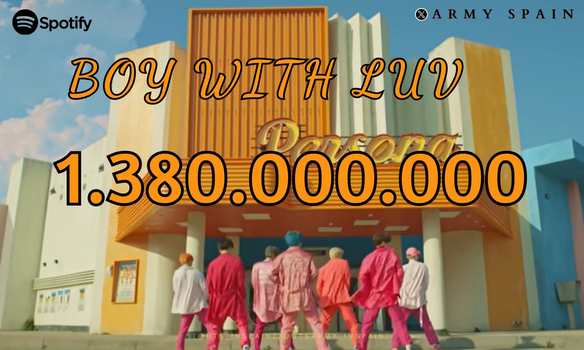 BTS_inSpain's tweet photo. 🎧| #BoyWithLuv de #BTS ha alcanzado 1.380 MILLONES de reproducciones en Spotify (1.380.245.562)! 

¡Continuemos haciendo stream!
1.380M ✅️ 🔜 1.400M
Gap: 19.754.438
📅 19/6

🖇https://t.co/bTW6RSs1Of

 @BTS_twt 
- ⛵️ https://t.co/u3rY7DscC2