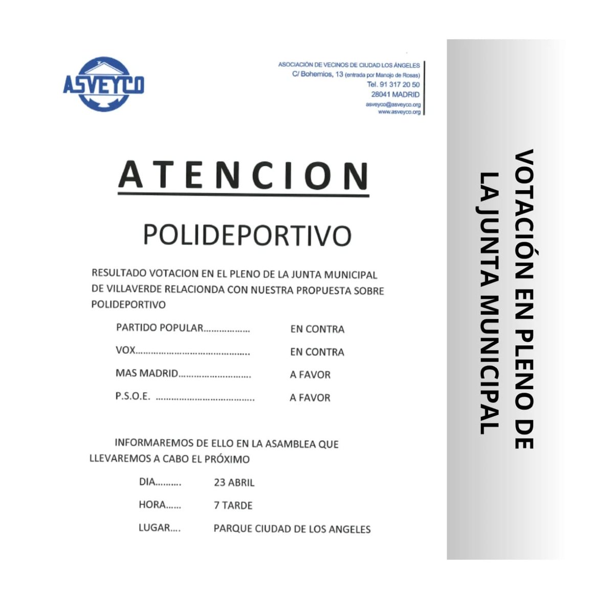 lauramadrid1's tweet photo. @eldiarioes En Ciudad de los Ángeles Villaverde llevamos años esperando un polideportivo y esta es la votación de la junta Es vergonzoso Tenemos sitio para dotaciones deportivas q se está convirtiendo en un descampado Porfa darle visibilidad https://t.co/lOU2xygVvG