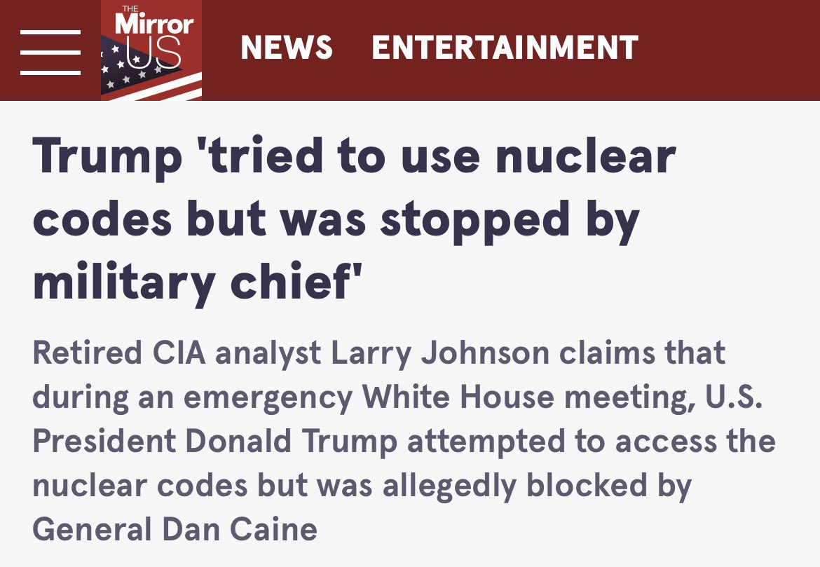 theslyuda's tweet image. ❗️The Mirror US reported on Trump's attempts to gain access to the nuclear codes, but he was not allowed to do so because of his “explosive temperament”.

I feel like it won't end there. Trump will destroy the Earth.

#USA #Trump #nuclear #IranWar‌