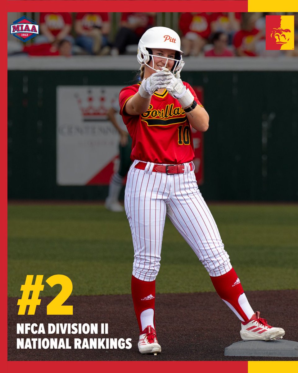 PittStGorillas's tweet photo. The Gorillas sit at #2. 

Pitt State Softball is #2 in the latest NFCA Division II National Rankings released Tuesday 🦍🥎

The Gorillas host #17 Central Oklahoma (Fri) and Newman (Sat) this week.

@Gorilla_SFB|@pittstate https://t.co/bcc08APWkH