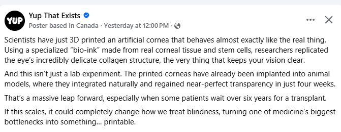 CyberpunkTTRPG's tweet image. South Korean Scientists Just 3D Printed A Living Cornea That Actually Works #Vision #BioTech #3DPrinting #BioPrinting #CorneaTransplant #MedTech #Cyberpunk #TTRPG #RPG