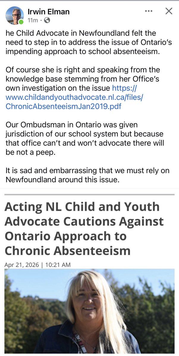 SamanthasLaw's tweet image. Child &amp;amp; Youth Advocate speaking out following #Ontario decision to incorporate attendance into final high school marks. #NL’s Advocate Karen Gray says doing so may penalize vulnerable students &amp;amp; does not address underlying reasons why students are absent. 
vocm.com/2026/04/21/297…