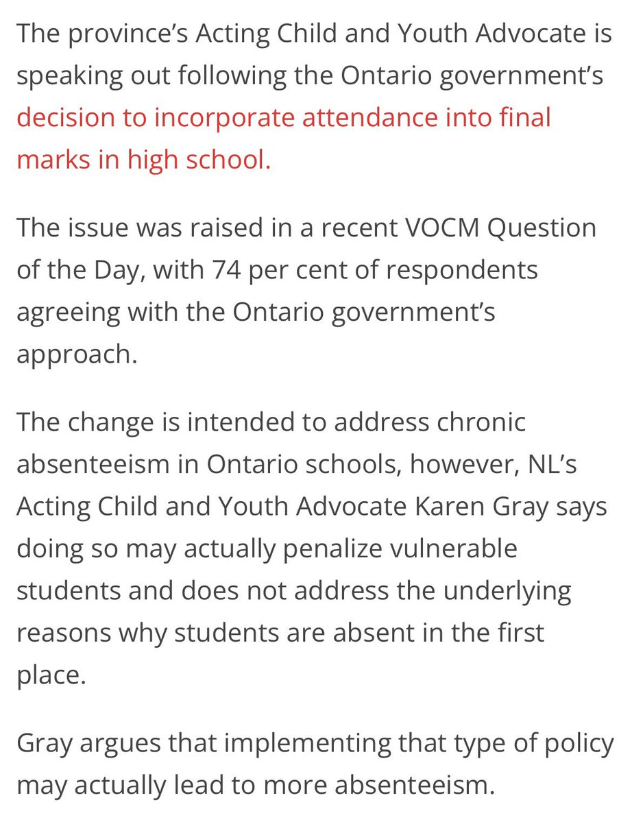 SamanthasLaw's tweet image. Child &amp;amp; Youth Advocate speaking out following #Ontario decision to incorporate attendance into final high school marks. #NL’s Advocate Karen Gray says doing so may penalize vulnerable students &amp;amp; does not address underlying reasons why students are absent. 
vocm.com/2026/04/21/297…