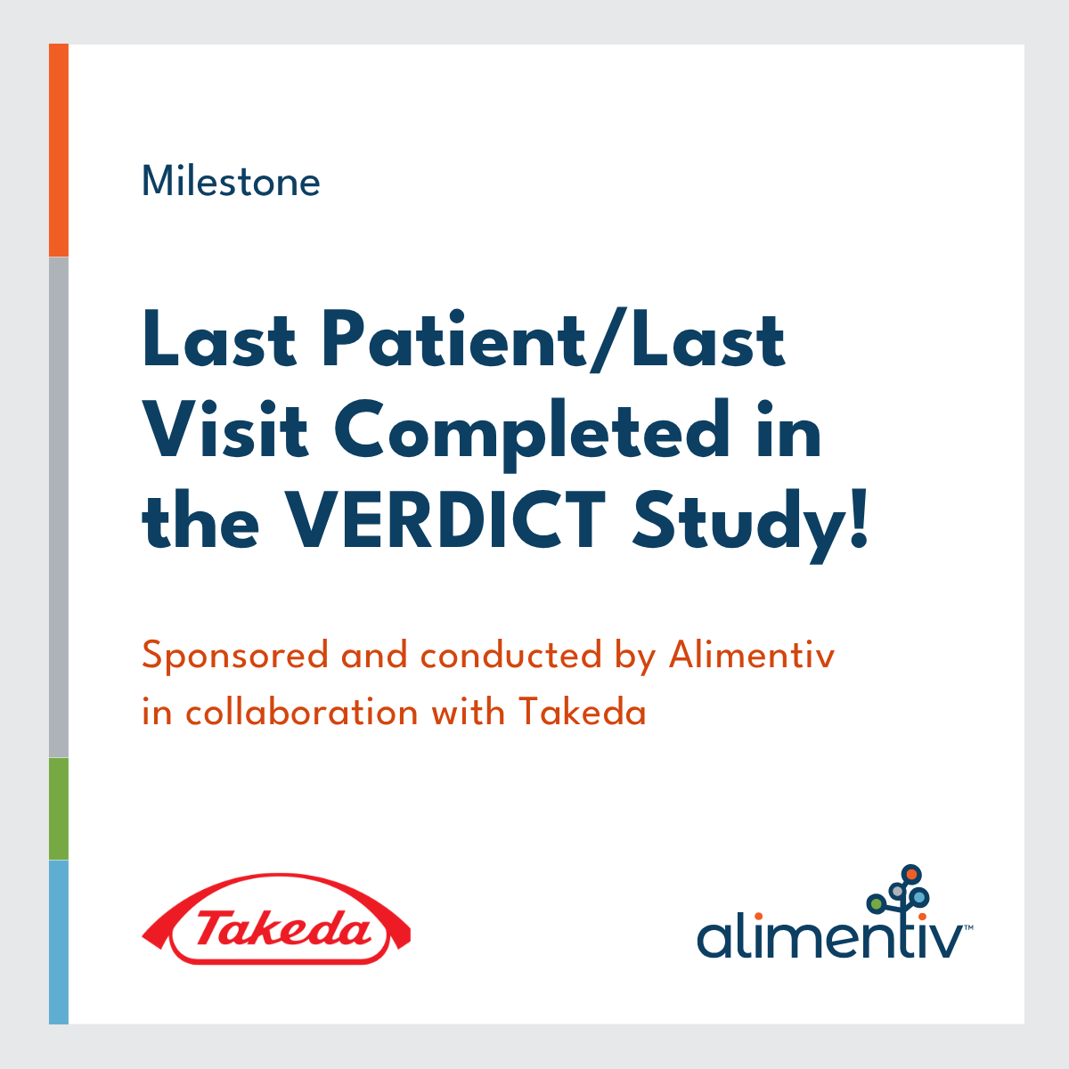 alimentiv's tweet photo. VERDICT is the first randomized controlled treat-to-target trial in #UlcerativeColitis.

This trial, sponsored and conducted by Alimentiv in collaboration with @TakedaPharma, will provide the only prospective data on optimal treatment targets that will aim to help inform clinical guidelines, regulatory endpoints, and drug development for UC.

#ClinicalTrials #Alimentiv #GIIsOurWhy