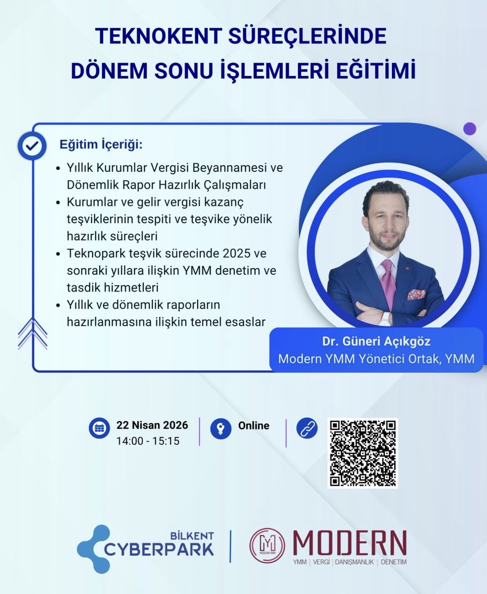 Modern_YMM's tweet photo. 2025 yılı ve sonraki dönemlere ilişkin YMM denetim ve tasdik süreçleri ile dönemlik raporların hazırlanmasına yönelik uygulamaya dönük bilgiler paylaşılacaktır.  

📅 Eğitim Tarihi: 22 Nisan 2026
⏰ Saat: 14.00 – 15.15
💻 Eğitim Yeri: Online https://t.co/Au10hpJMqN