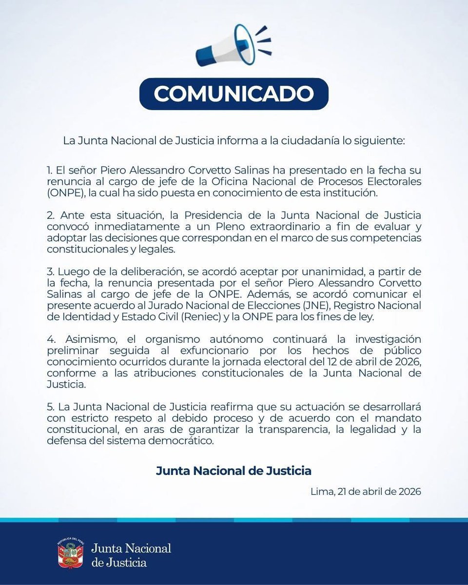 #Urgente La <a href="/JNJPeru/">Junta Nacional de Justicia</a> anuncia que ha aceptado por unanimidad la renuncia presentada por el jefe de la ONPe, Piero Corvetto. Anuncia que continuará con la investigación preliminar sobre los hechos ocurridos durante la jornada electoral del 12 de abril.