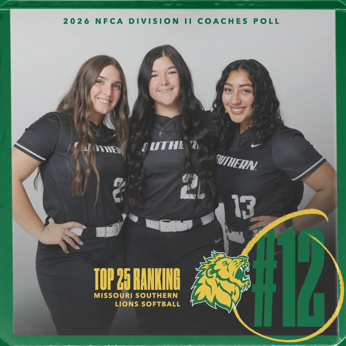 MSSUSoftball's tweet image. Missouri Southern Softball lands at No. 12 in the 2026 NFCA Division II Coaches Poll. #GOLIONS