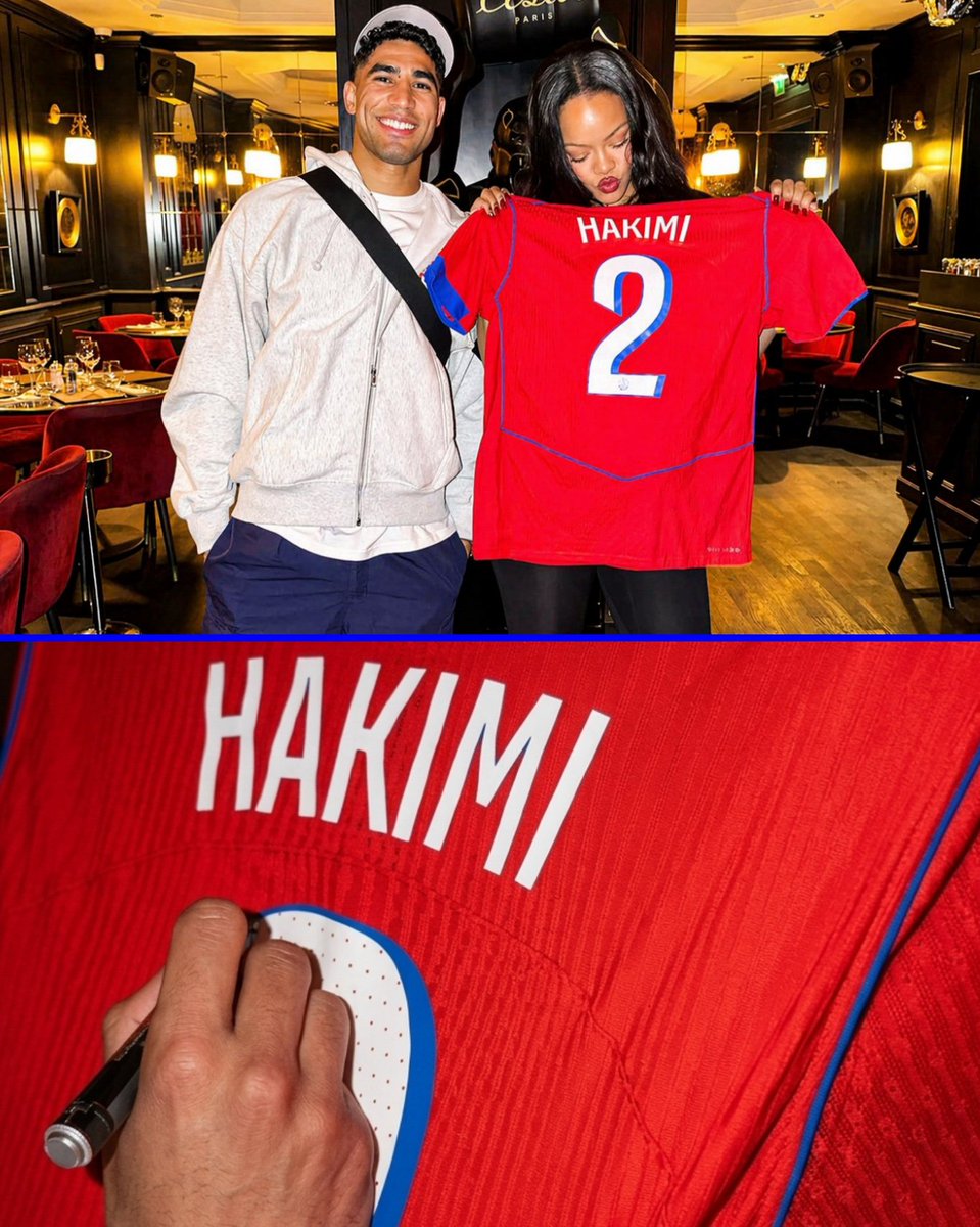 Achraf Hakimi signs his jersey for Rihanna.⚽🎵❤️