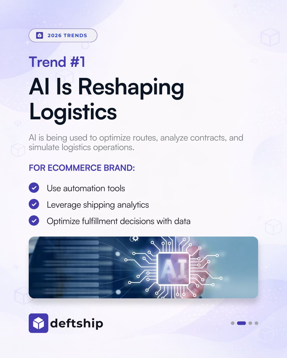 DeftShip's tweet photo. Logistics is evolving fast in 2026.

Which logistics trend will impact you the most?

Stay ahead of shipping trends with Deftship
Website: https://t.co/sH2m1wFdsD
iOS: https://t.co/pqvyB9pSMl
Android: https://t.co/1lOGctTyOL

#ecommercefulfillment #shippingautomation #deftship https://t.co/BOmlTKBigX