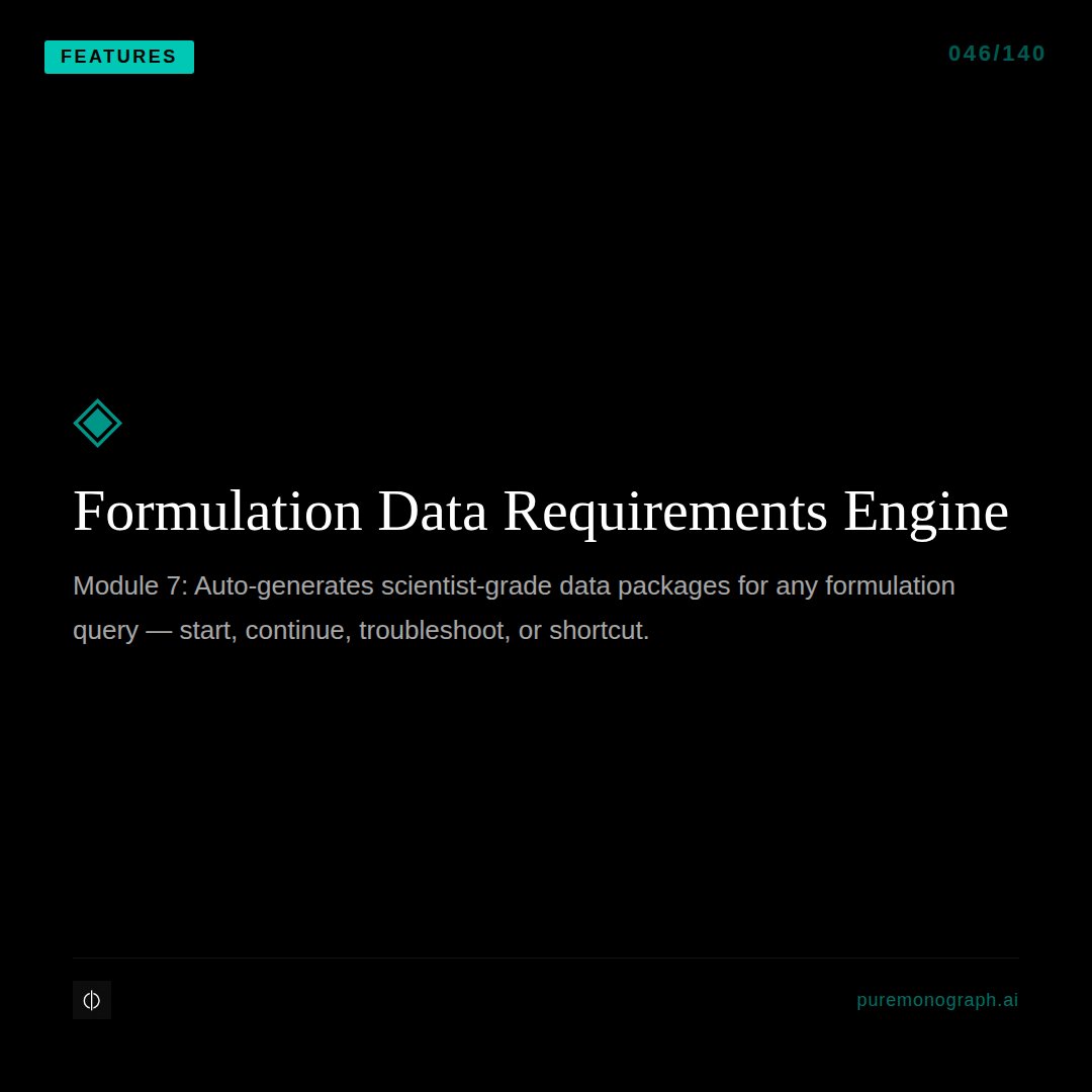 PureMonograph's tweet image. What data do I need to START this formulation?CONTINUE it?TROUBLESHOOT it?SHORTCUT it?Module 7 answers all four. Pure Monograph. puremonograph.ai #Formulation