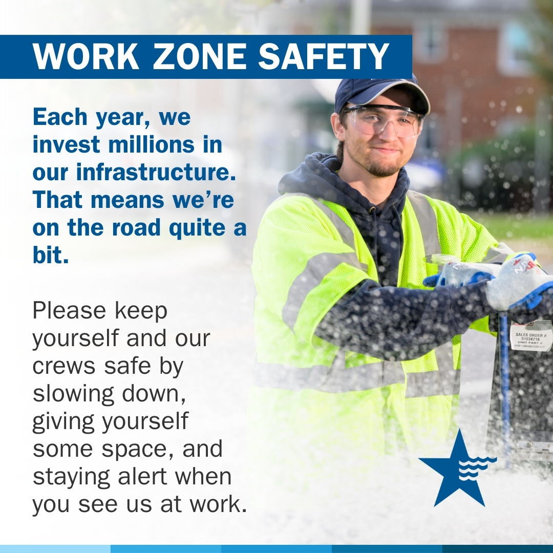 amwater's tweet image. #DYK that a car driving at 55 miles per hour travels more than 80 feet per second? Taking your eye off the road for just 5 seconds is more than 400 feet, which is longer than a football field!  

When traveling in work zones, please be mindful of the posted speed limit and adjust