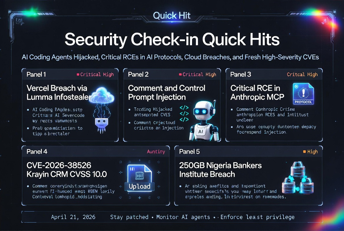 rodtrent's tweet image. Security Check-in Quick Hits: AI Coding Agents Hijacked, Critical RCEs in AI Protocols, Cloud Breaches, and Fresh High-Severity CVEs rodtrent.substack.com/p/security-che…

 #Security #Cybersecurity