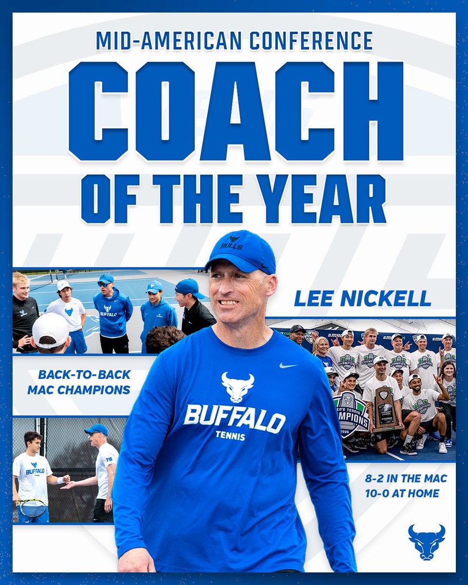 UBmenstennis's tweet photo. 𝐂𝐨𝐚𝐜𝐡 𝐨𝐟 𝐭𝐡𝐞 𝐘𝐞𝐚𝐫 🤘

Congrats to head coach Lee Nickell on being named MAC Coach of the Year for the second straight season and fifth time overall in his tenure at UB! 

#UBhornsUP https://t.co/MJ9iTfKDxj