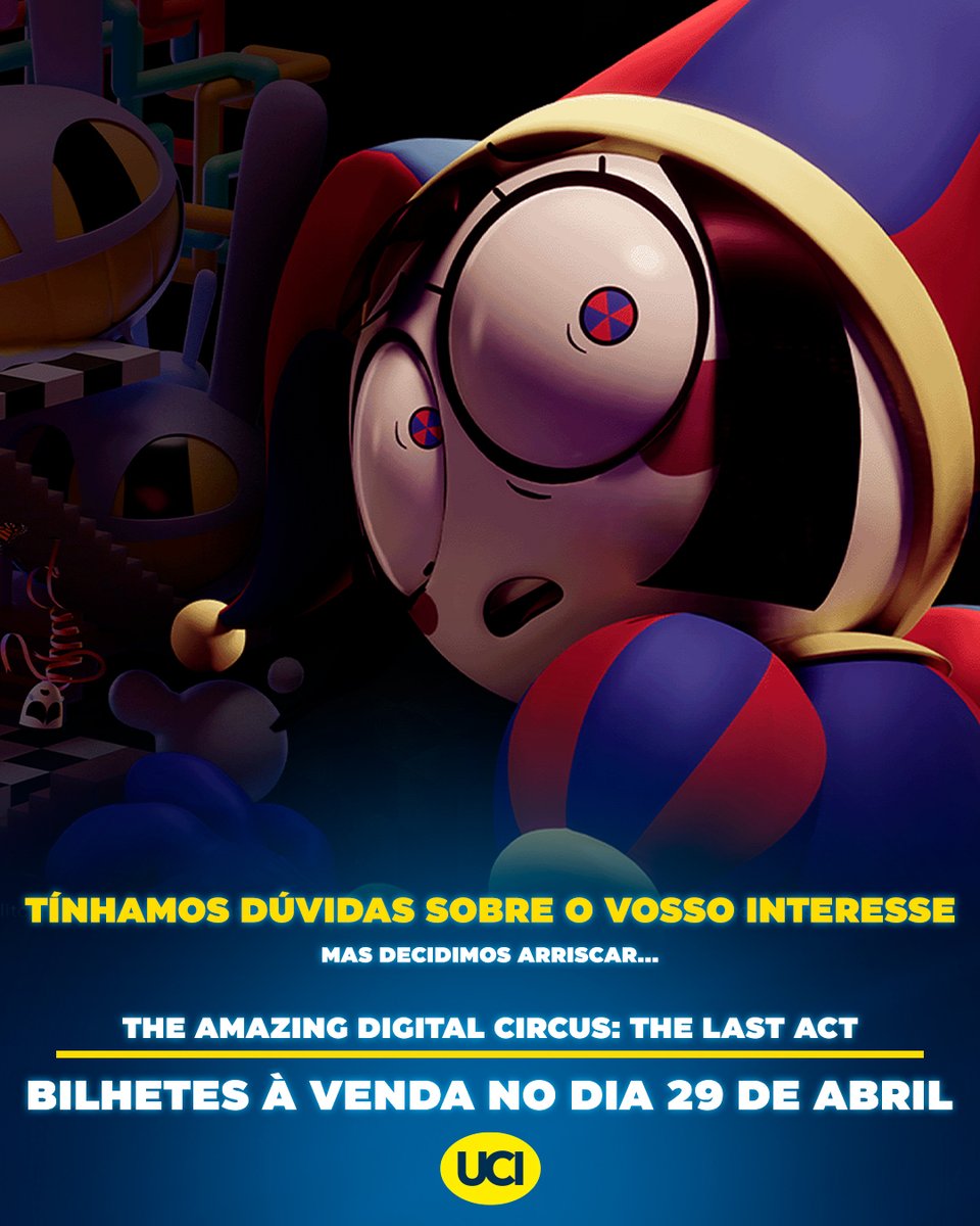 Vocês pediram… E hoje têm a resposta! 🙌 Os bilhetes para “The Amazing Digital Circus: The Last Act” estarão à venda a 29 de abril! 🎟️ Estejam atentos às nossas redes sociais e sejam os primeiros a conseguir os vossos!