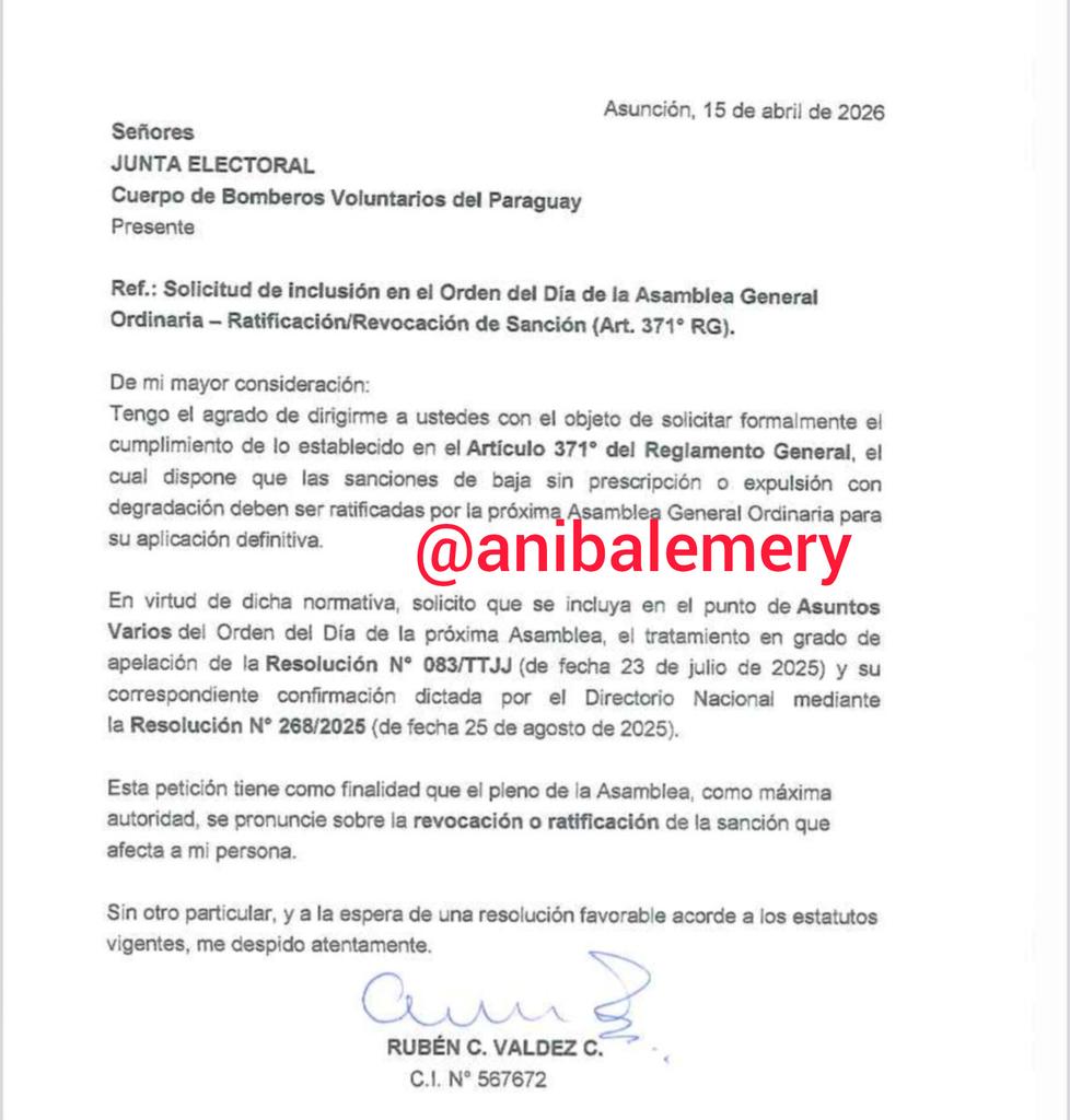 anibalemery's tweet photo. El ex bombero Rubén Valdez que fuera expulsado del @AmarillosCBVP tras la condena de la justicia por lesión del derecho a la comunicación y a la imagen, solicita ahora que se incluya su caso en la próxima asamblea con la posibilidad de que se levante la medida de expulsión deshonrosa o se confirme. Una buena prueba a los voluntarios asambleistas para saber si están a favor de la impunidad o de la justicia. @nanduti