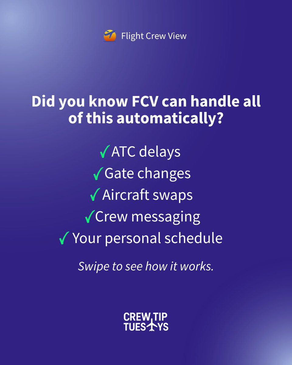 flightcrewview's tweet image. ✅ ATC delays.
✅ Gate changes.
✅ Aircraft swaps.

FCV tracks the operation so you stay ahead of it.

Open the app and try these features on your next trip.

#CrewLife #PilotLife