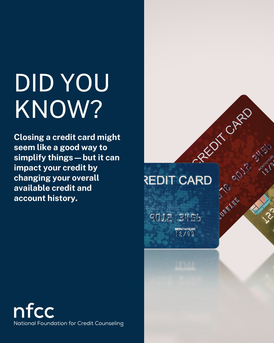 NFCC's tweet photo. Closing a credit card can affect your credit score. Before making changes, it’s worth understanding how it could affect your financial picture. 

#NFCC #CreditEducation #FinancialTips #MoneyManagement https://t.co/oPYJHXMZu3
