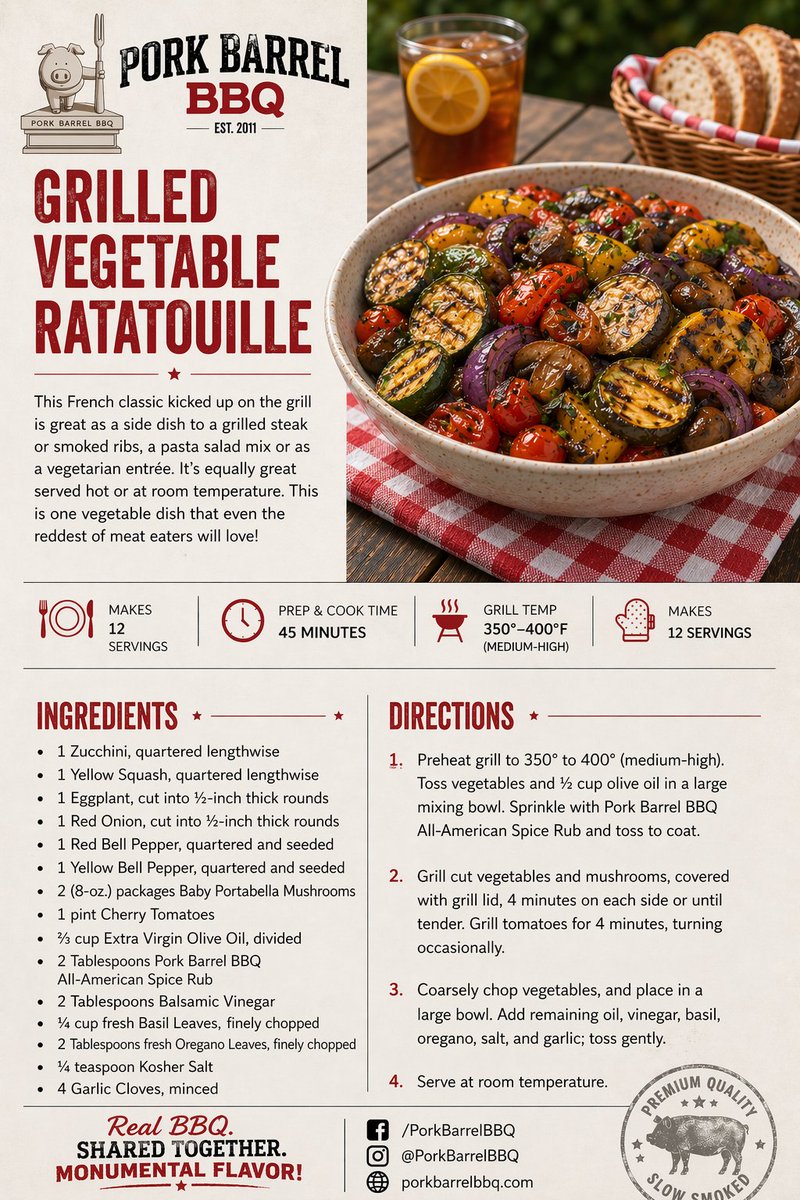 Grilled Vegetable #Ratatouille brings together smoky eggplant, zucchini, peppers, and tomatoes with fresh herbs for a bold, rustic flavor that’s simple and seriously satisfying.

Perfect as a side, topping for crusty bread, or even over pasta.

#GrillingSeason #Vegetarian #BBQ