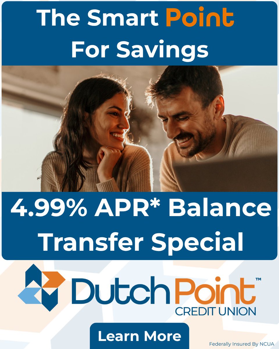 DutchPointCU's tweet photo. Got a credit card balance at a higher rate? Reset it.

Lock in 4.99% APR* on balance transfers through April 2027 — with no transfer fees. But not for long. This offer ends April 30. Open a Dutch Point Visa® Credit Card and make your move.

👉 Apply now: https://t.co/Azns5ziVfy https://t.co/Rh3FBtwPBk