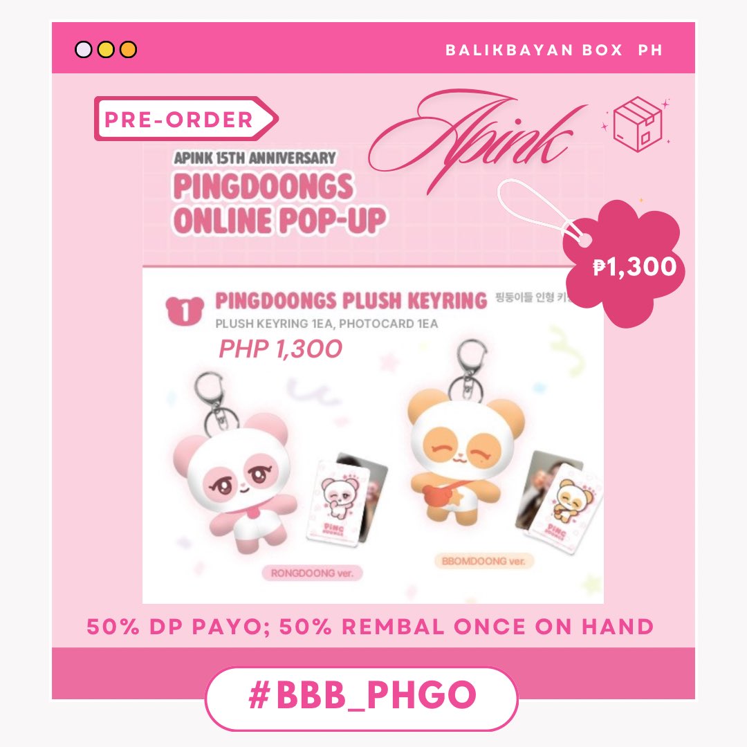 [#BBB_PHGO] [WTS / LFB ] 

#Apink  Pre - Order 

PINGDOONGS PLUSHIE
✨️₱1,300 ea 
✨️DOO: OOS
✨️DOP: 50% PAYO; 50% REMBAL OOH
✨️ALL IN + PF + LSF

15th Season chorong eunji bomi namjoo hayoung panda ph 

#APINK_15THSEASON
#Apink_In_Manila #The_Origin_Apink_Manila