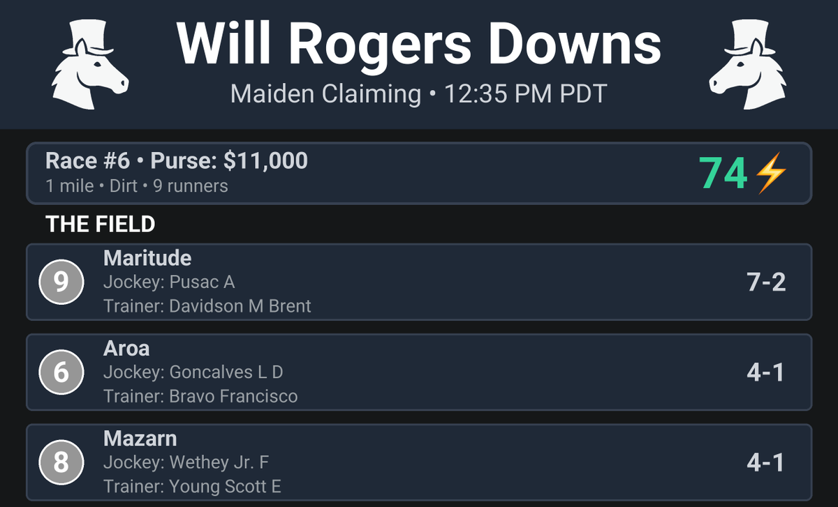CapperRacing's tweet image. 🏇 Race Alert!

Will Rogers Downs Race #6
Maiden Claiming

📍 Post Time: 12:35 PM MST
⚡️ Thrill Score: 74⚡️

#HorseRacing #WillRogersDowns #Racing