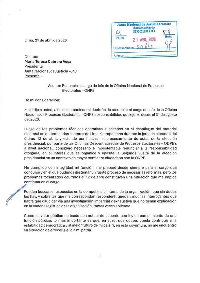 DatosAme24's tweet image. 🇵🇪#Peru - El jefe de la ONPE (Oficina Nacional de procesos Electorales) presento su renuncia en Peru