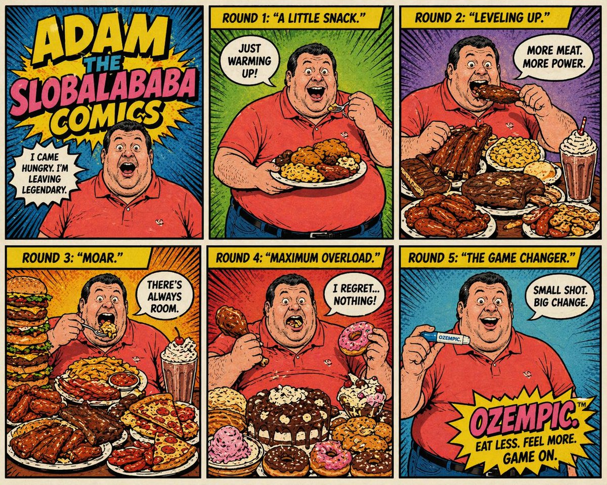OzempicAdam's tweet image. INTRODUCING THE FIRST PREVIEW OF THE UPCOMING ADAM THE SLOBALABABA COMIC MAGAZINES! WILL FIRST BE SOLD IN YOUR LOCAL WALGREENS AND WALMART STORES STARTING AT 5$ COPY! SLOBALABABA THE MAN WHO IS LOSING WEIGHT SLOBALABABA HE TAKES OZEMPIC EVERYDAY!!! NO MORE LIQUID FOOD! #Magazine